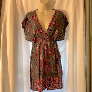 Lightweight Mini Dress, Grey with Oranges, Navy + Taupe, Size Medium